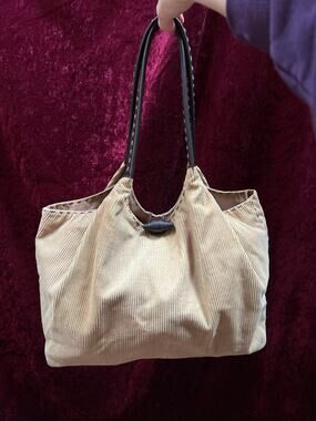 Vintage Moda International Corduroy Shoulder Bag - Tan Cotton Brown PVC Tote